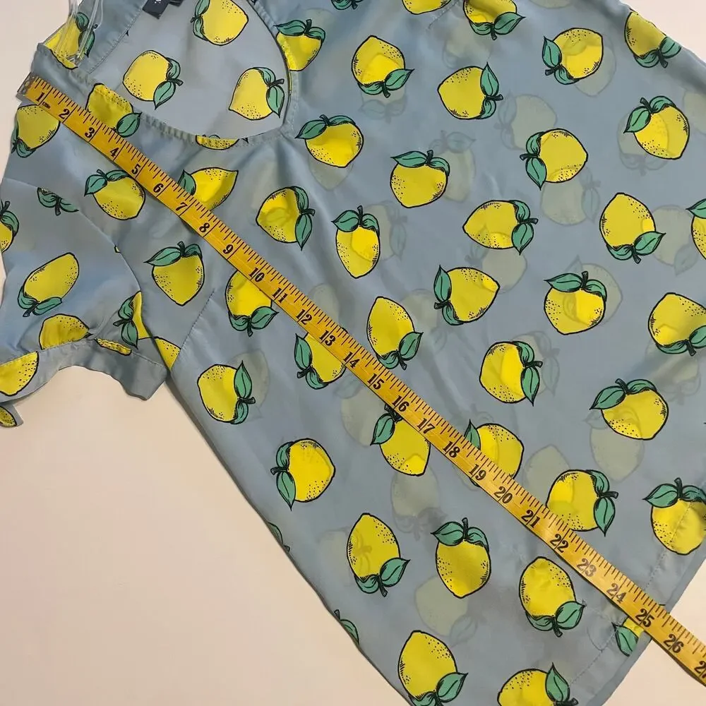 Modcloth Lemon Top Womens Medium Light Blue & Yellow V-Neck Novelty